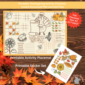 A picture of the printed full size A3 Thanksgiving themed activity mat and a picture of the sticker sheet that goes with it.