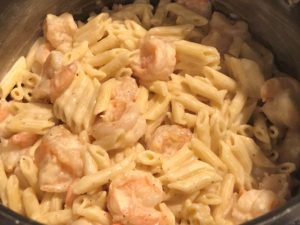 Shrimp in creamy garlic sauce with penne