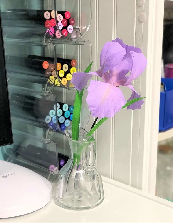 Handmade crepe paper Iris flower in a vase