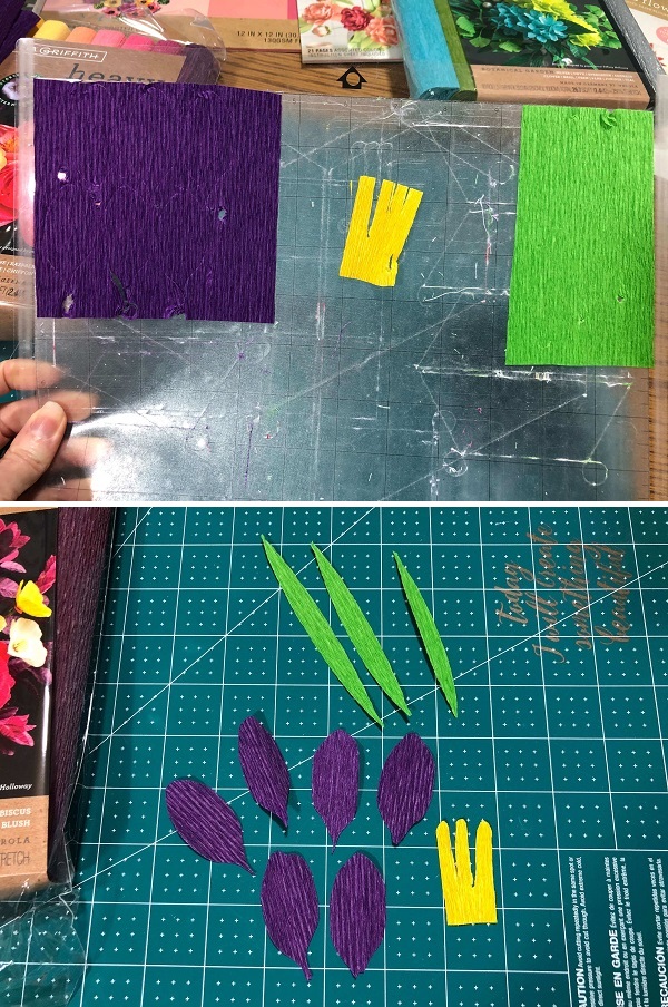 crepe paper flower pieces cut out using a rotary blade and Silhouette Cameo 4