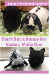 Image of two live bunnies and two handmade pom pom bunnies.