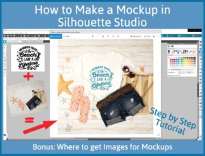 Screenshot of silhouette studio software with an open image of a finished mockup on top. Image of a cut file and an image of a mockup with t shirt, shorts, flip flops, and beach accessories next to the finished mockup where the cut file is turquoise and looks like it is actually on the t shirt as a decoration.