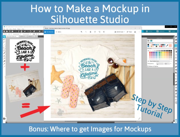 Screenshot of silhouette studio software with an open image of a finished mockup on top. Image of a cut file and an image of a mockup with t shirt, shorts, flip flops, and beach accessories next to the finished mockup where the cut file is turquoise and looks like it is actually on the t shirt as a decoration.