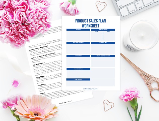 Printed out Product Sales Plan Worksheet and guide by Little Gray Squirrel
