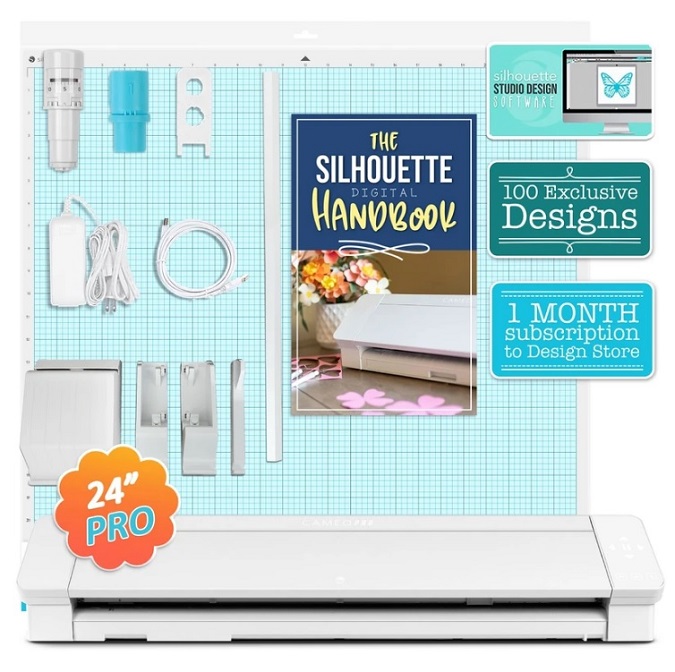 Silhouette Cameo 4 Pro 24" cutting machine with supplies it comes with, mat, blade, pen adapter, USB cord, power cord, 100 free cut file designs, 1 month of Silhouette subscription