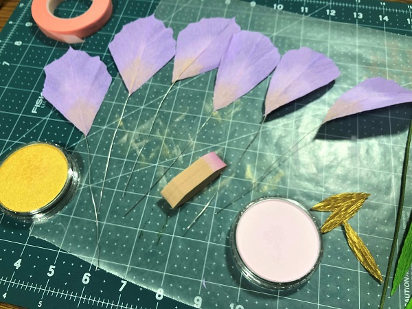 Crepe paper Iris petals assembled and colored